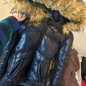 Size small 13 black puffer jacket with fur hood. Still one of my favorite!